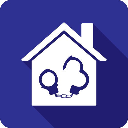 Vector illustration of a house with handcuffs icon against a blue background in flat style.